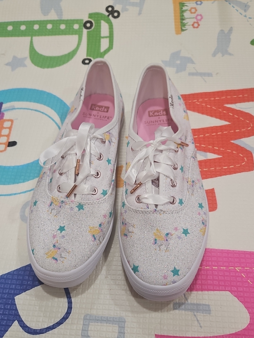 Sunnylife White Glitter Unicorn Sneakers with Teal Stars and Rose-Gold Accents